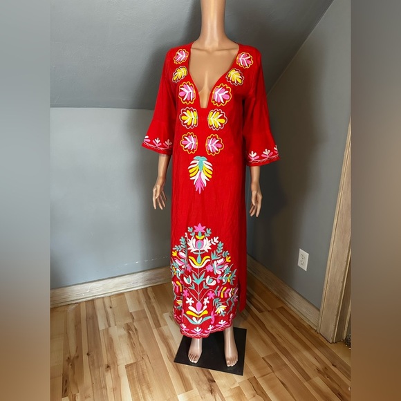 Kasper Embroidered Cotton Caftan – Boho Resort Maxi Dress Bright Floral Size 12 - Picture 1 of 5
